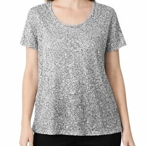 Chicos Top Size M Silver Gray Short Sleeve Sequin Sheer Lined Cocktail Party NWT